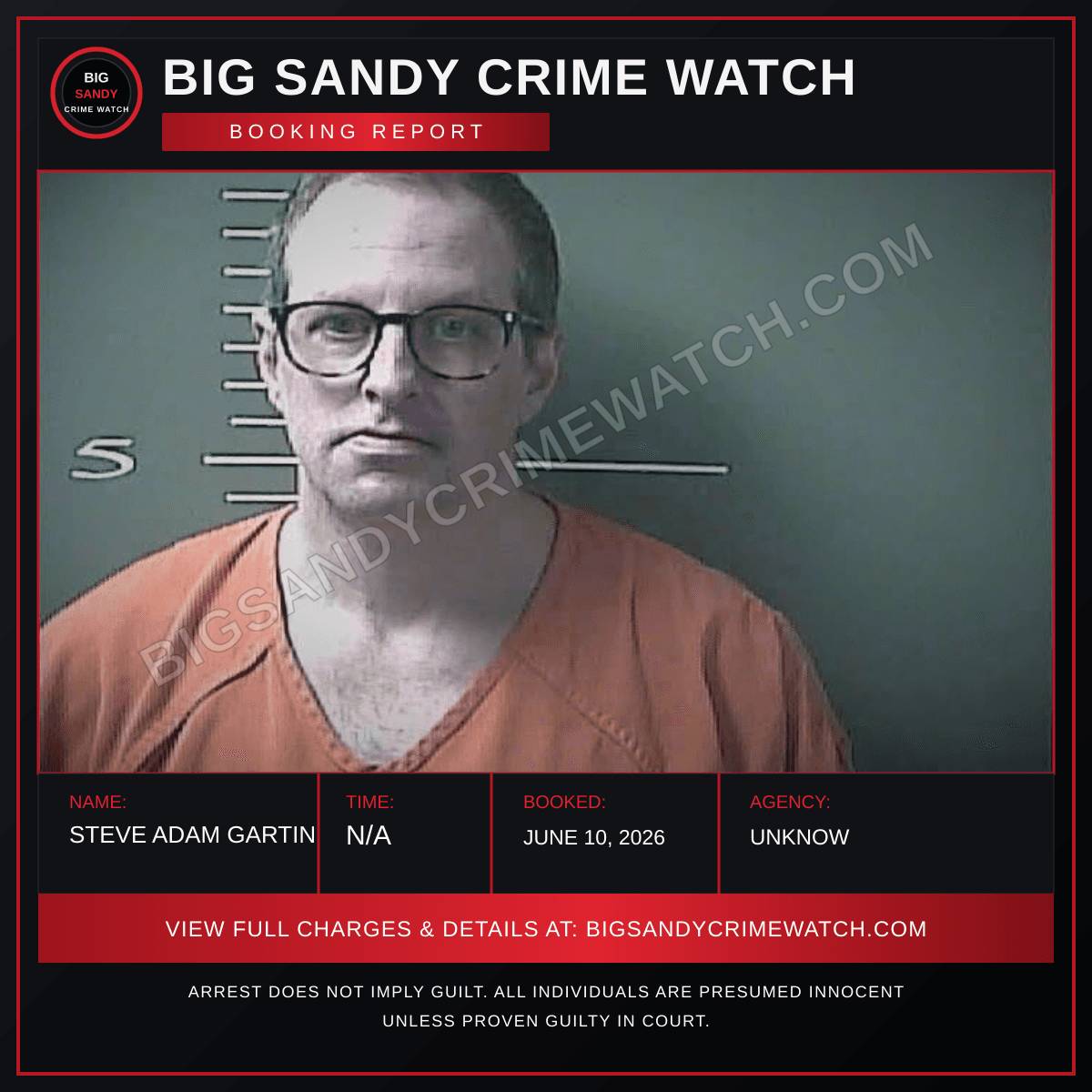 STEVE ADAM GARTIN booking report card