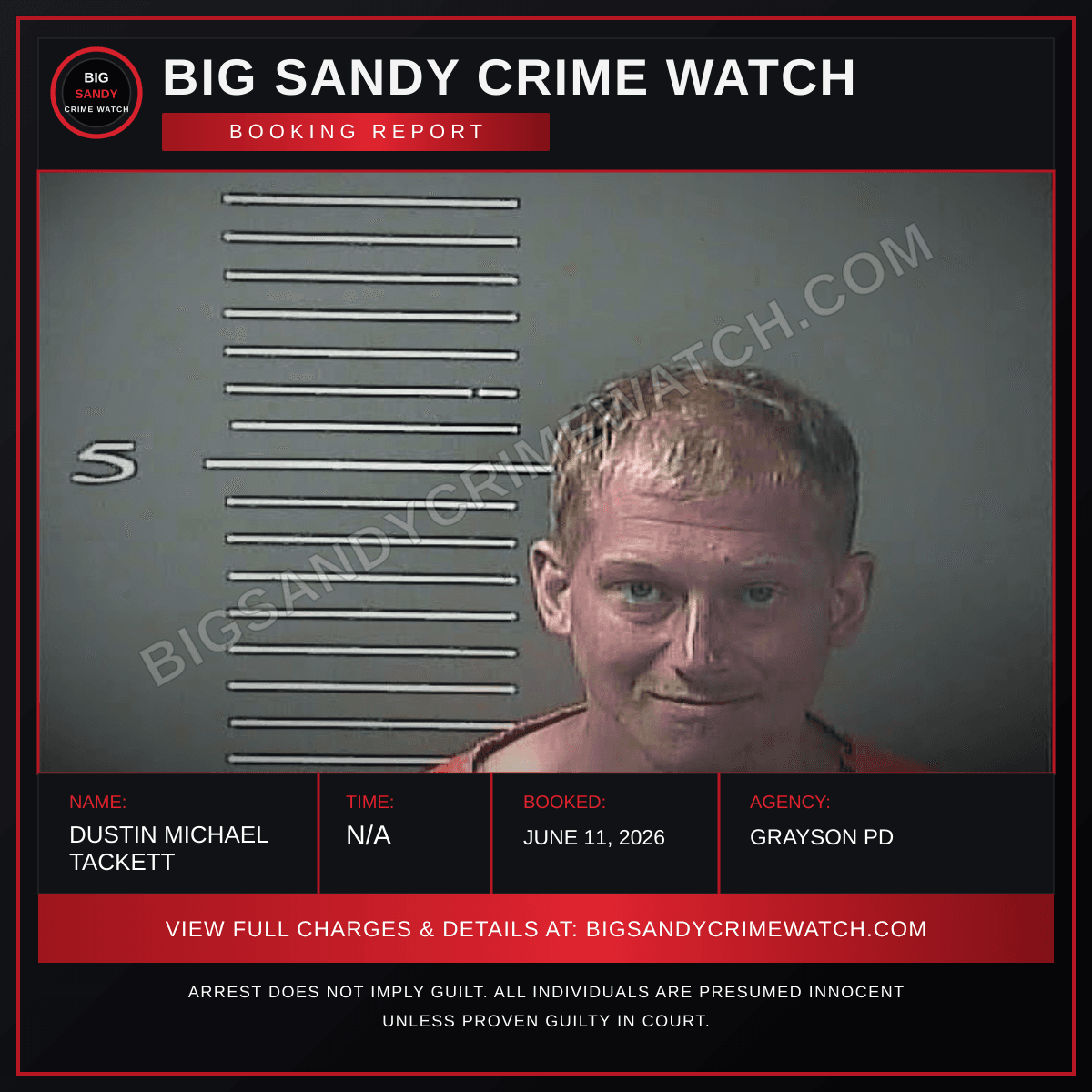 DUSTIN MICHAEL TACKETT booking report card