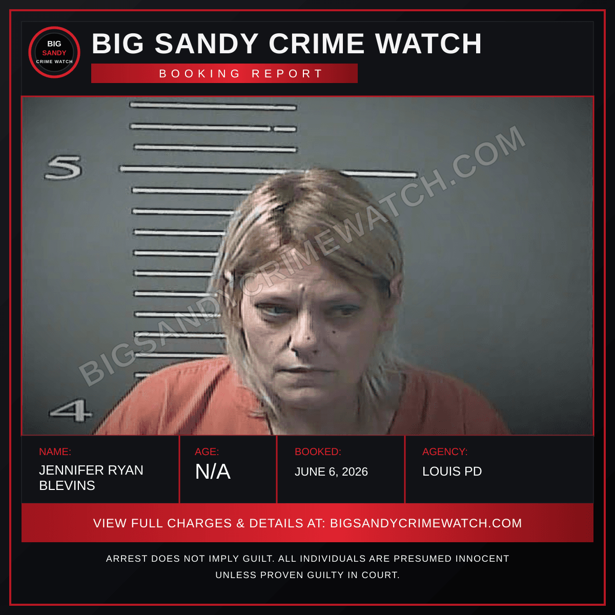 JENNIFER RYAN BLEVINS booking report card