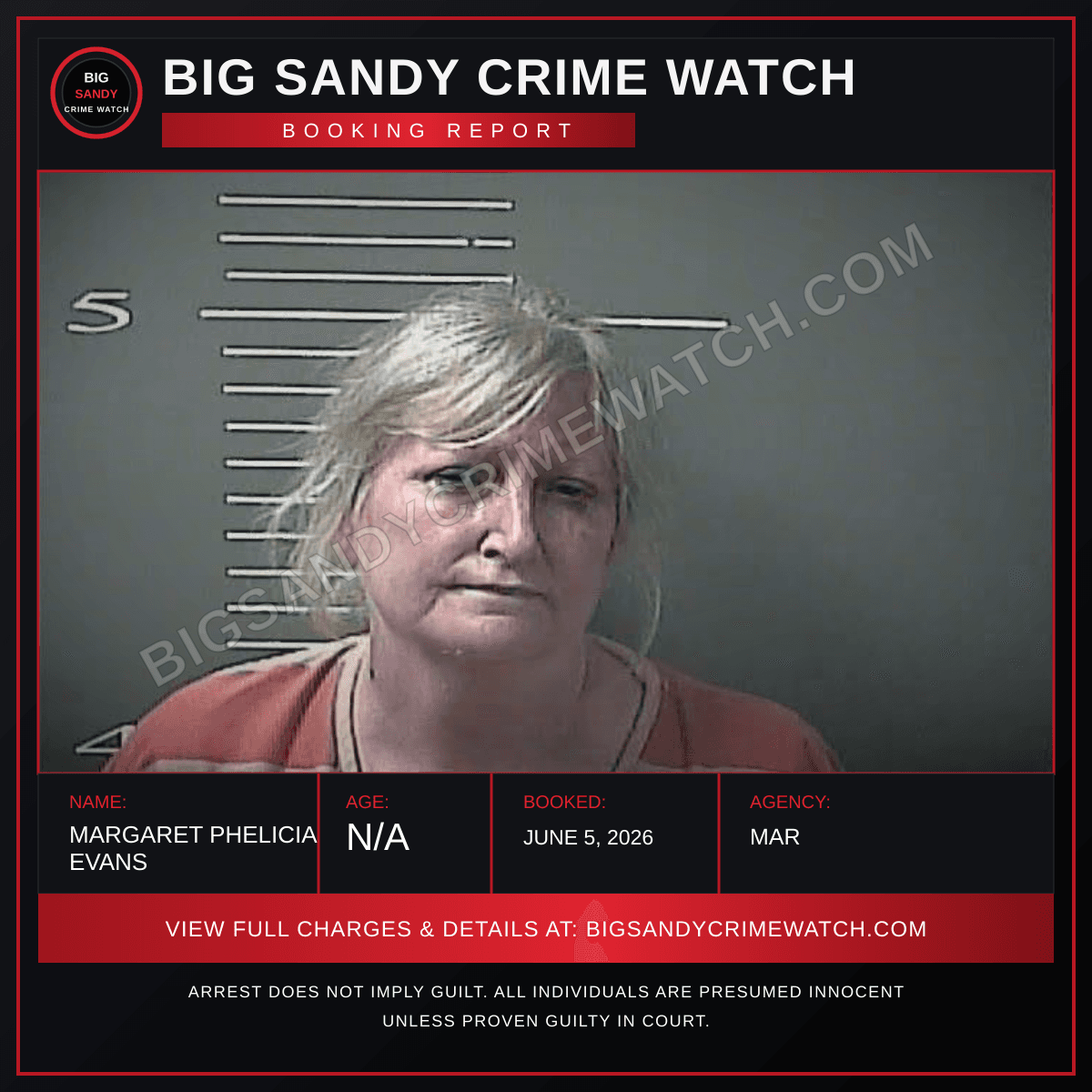 MARGARET PHELICIA EVANS booking report card