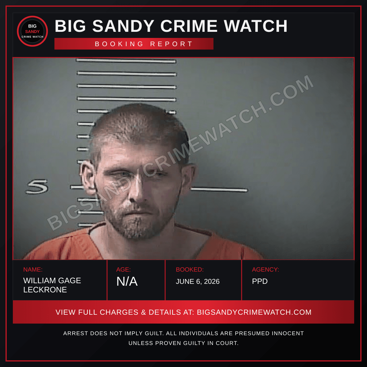 WILLIAM GAGE LECKRONE booking report card