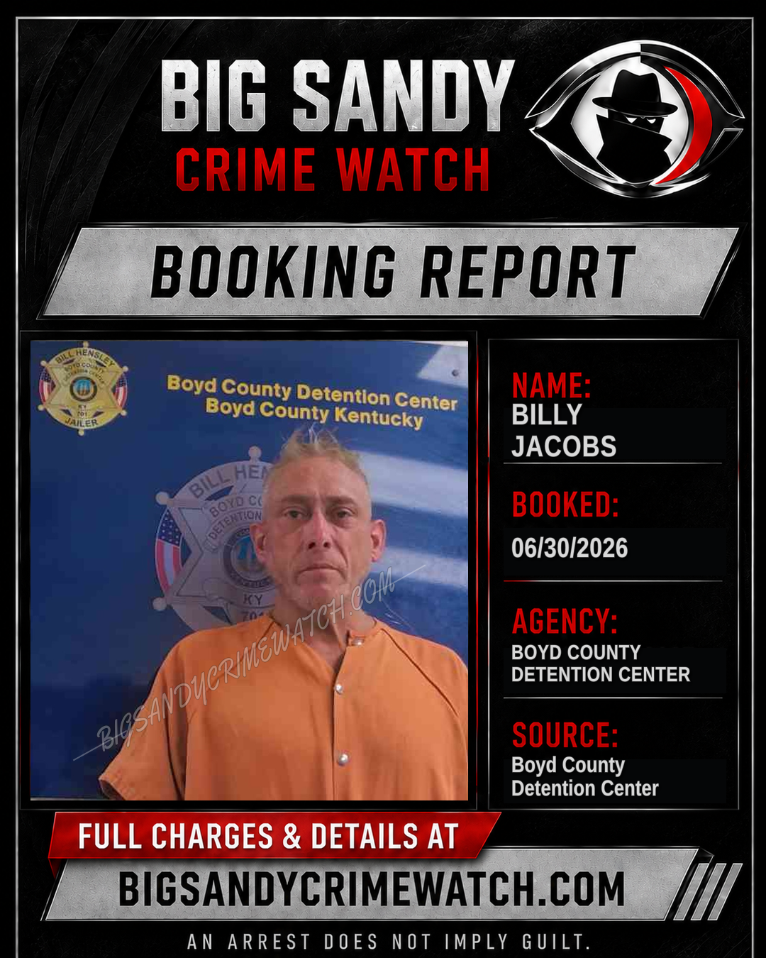 BILLY JACOBS booking report card